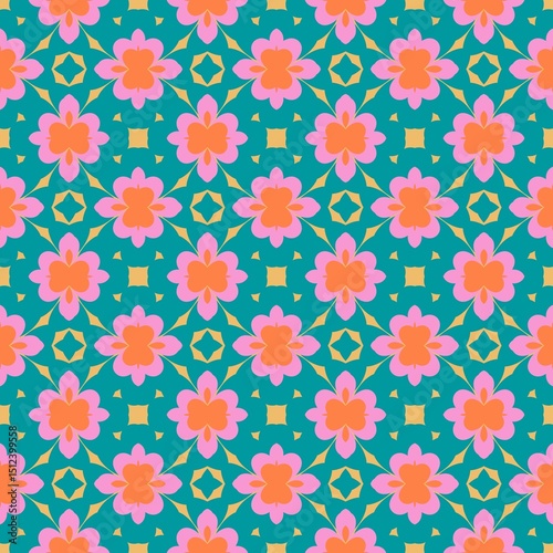 Symmetrical Floral Pattern in Coral and Pink on a Teal Green Background