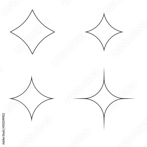  Four variations of a star or sparkle shape, evolving from a soft diamond to a sharp, radiant star