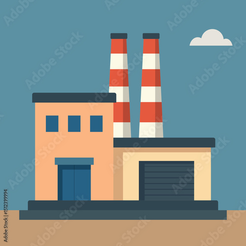 Flat Design Vector of Industrial Factory Building with Chimneys