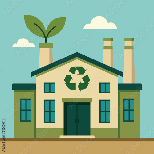 Green Energy Factory Vector – Sustainable Industrial Building with Recycle Icon