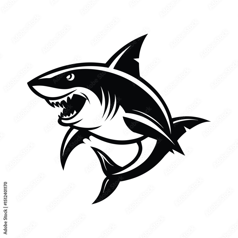 Fototapeta premium Black and white vector shark in dynamic position, showing fierce expression and bold lines. Suitable for logos, mascot designs, marine themes, and wildlife vector projects.