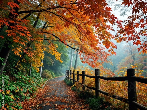 Rustic Forest Path - Misty Morning, Falling Leaves