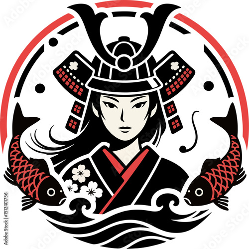 Minimalist Vector Art of Japanese Female Samurai with Koi Fish, Cherry Blossoms, and Waves – Tattoo Style Design