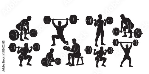 Man lifting weights silhouette set vector illustration