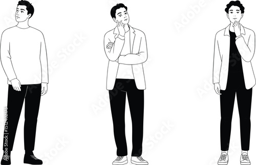 Three thoughtful young men in casual and formal attire, standing and pondering ideas, isolated white background vector illustration