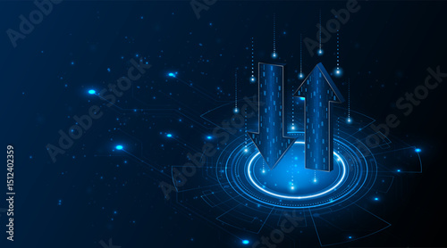 Abstract up and down arrows on dark blue background. The concept of digital traffic or exchange. Business growth or investment ideas. blue arrow technology background	