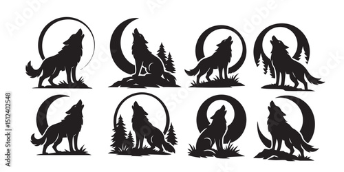 Wolf howling at moon silhouette set vector illustration