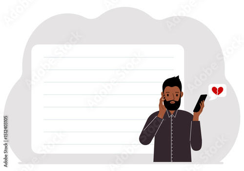 Man reading a message on his mobile phone. Message with a broken red heart. Vector flat illustration