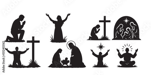 Worship scene  silhouette set vector illustration