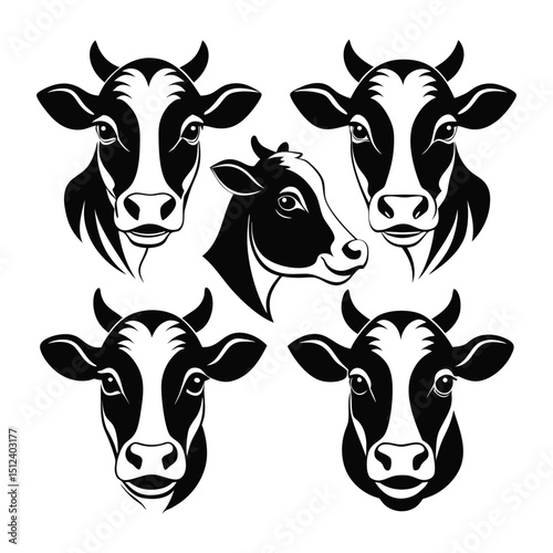 Vector set of cow faces in stylized form with varied expressions — ideal for food packaging, ranch branding, or children's books