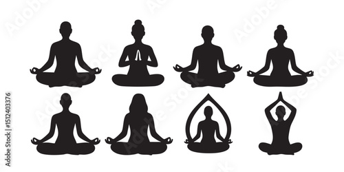 People meditating silhouette set vector illustration