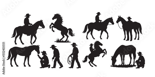 Horse and cowboy silhouette set vector illustration