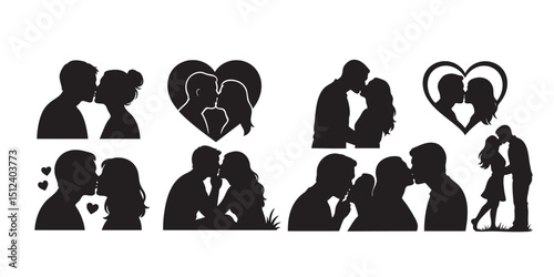 Couple kissing silhouette set vector illustration