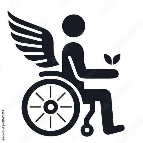 Disabled person in wheelchair with wings vector icon  on transparent background for paralympic and adaptive sports concept