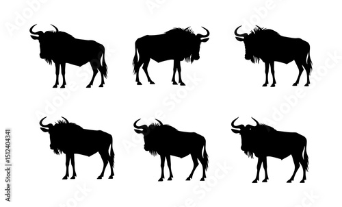 Silhouette depiction of six wildebeests arranged in a grid pattern on a white background image design