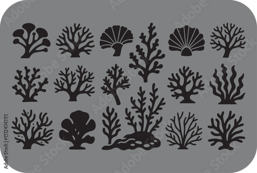 Collection of Black Silhouette Coral and Seashells on a Gray Background Marine Life Ocean Flora and Fauna Underwater Plants Vector Illustration