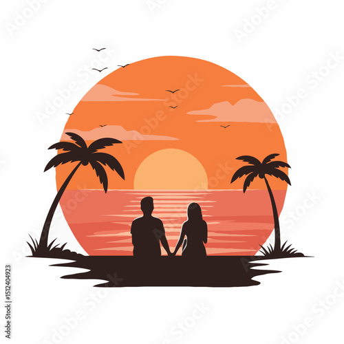 Silhouette Couple Romantically Watching Sunset on Tropical Beach with Palm Trees
