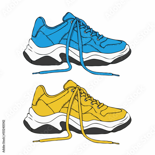 Stylish blue and yellow Chunky sneakers with Untied laces, Cartoon Illustration on a White background with space for text