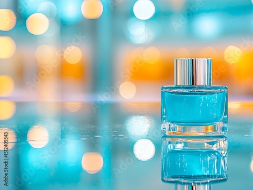 Blue Glass Perfume Bottle Reflection Minimalist Product Photography