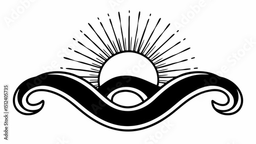 Stylized sunburst above wavy banner design in black and white with vintage aesthetic look and feel created with generated ai
