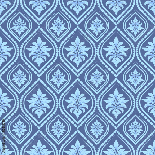 Damask seamless pattern with blue flowers, vintage design, vector Illustration elegant for textile, wall paper, bedding, curtains, cushion cover, rug, upholstery fabric, scarf, fashion, luxury design