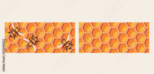  Honeycomb with bees background pattern pixel art.   Apiary texture.  8 bit. Game development, mobile app. Isolated vector illustration.