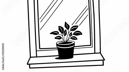 A potted plant with leaves sits on a windowsill in front of a window outlined in black and white art created with generated ai