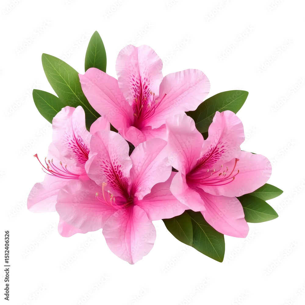 Obraz premium Beautiful pink azalea flowers arranged with fresh green leaves for a vibrant spring look.