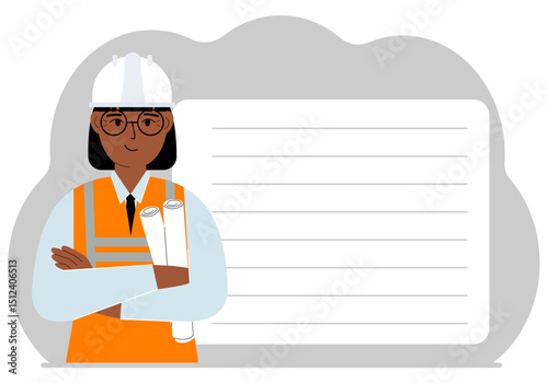 Engineer near the construction crane. Builder holding blueprints near construction machinery. Vector flat illustration