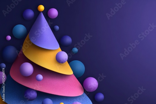 A textured cone tree of stacked colorful layers adorned with scattered spheres against a solid purple backdrop