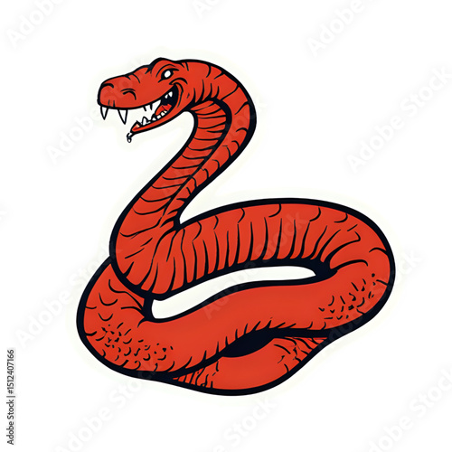 Red snake vector illustration of a coiled serpent with fangs and scales on transparent background