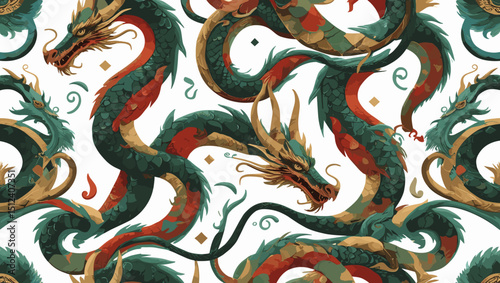 Decorative dragon pattern in vibrant colors showcasing mythological design with copy space