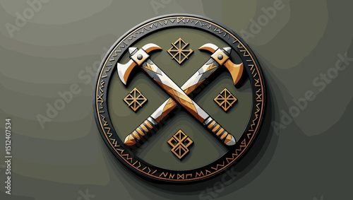 Crossed axes emblem with intricate design and tribal symbols on a textured background
