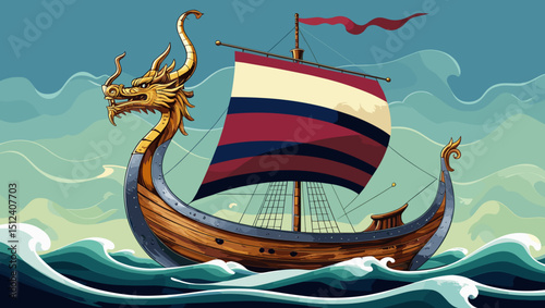 Decorative Viking ship with a dragon figurehead sailing through waves under a vibrant sky