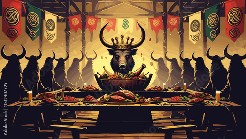 Mythical feast with a crowned boar centerpiece surrounded by Viking warriors and rich decorations