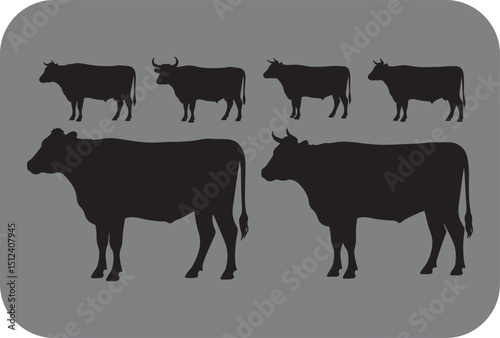 Silhouetted Cattle Herd Illustration on Gray Background Dairy and Beef Cows with Horns Vector Graphic for Farm or Livestock Design