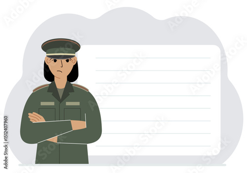 The profession of a soldier. A woman in military uniform. Army and military concept. Vector flat illustration
