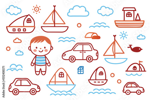 Adorable Child's Drawing Boats, Cars, and Summer Fun