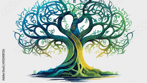 Intricate tree of life design featuring runes and vibrant colors reflecting nature's harmony