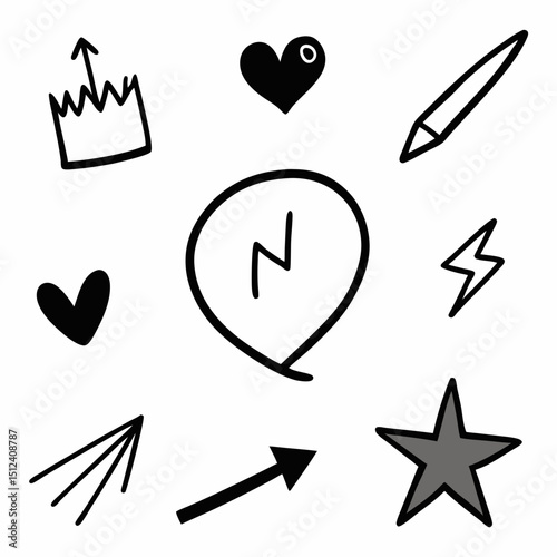 Hand drawn brush marker arrow set with sketchy directional line art icons