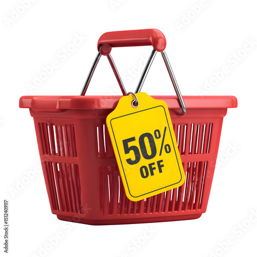 Red Shopping Basket with Fifty Percent Off Tag Sale Discount Retail Promotion