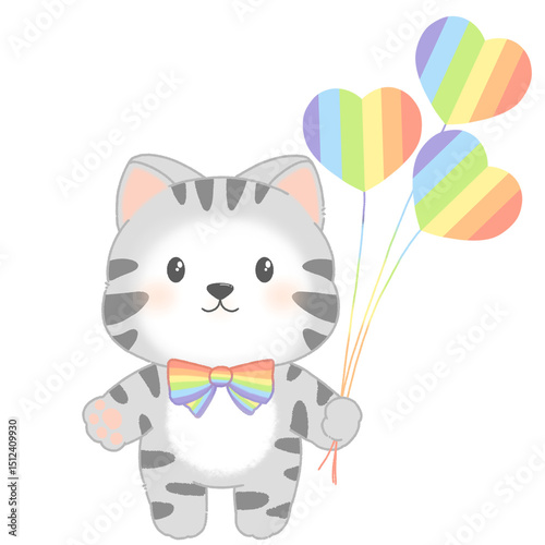 Cat hold rainbow balloon