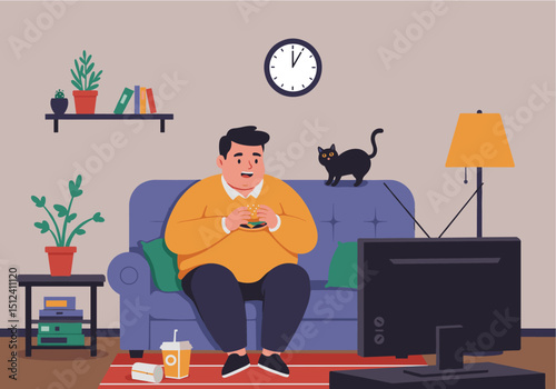 Flat Vector Of Overweight Man Eating Burger and Watching TV