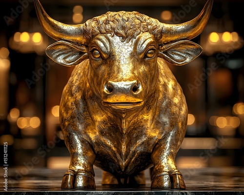 A golden bull statue stands proudly on a trading floor photo