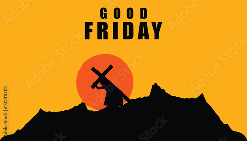 Good Friday Sunset Silhouette: A poignant depiction of Jesus carrying the cross against a vibrant orange sunset backdrop, perfect for religious observances.