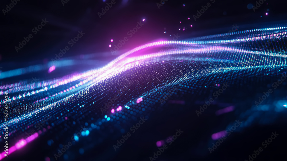 Fototapeta premium Futuristic Abstract Particle Stream: A shimmering stream of blue and magenta particles in a dark space, representing data flow or technological advancement.