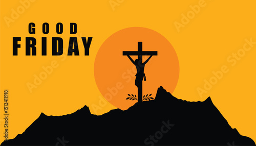 Good Friday Sunset Silhouette: Jesus Christ on the Cross against a vibrant orange sky, a powerful religious symbol of faith and sacrifice.