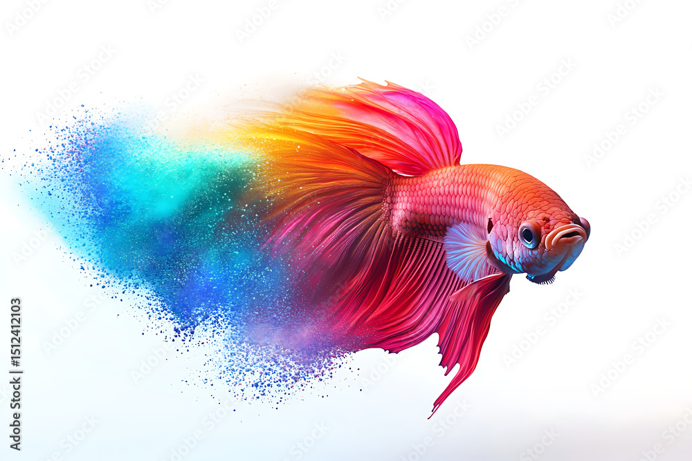 Fototapeta premium Vibrant Betta Fish Swimming Through Colorful Ink Splashes in a White Background