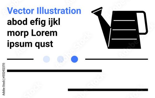 Black watering can, blue and black dots, aligned text blocks, horizontal lines, abstract design. Ideal for gardening, minimal design, templates, education organization sustainability simple