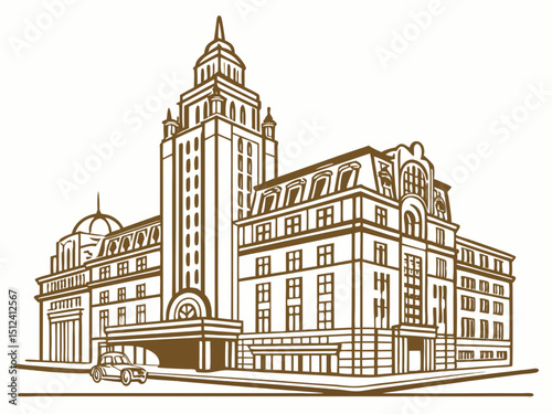 A vintage vector sketch illustrating the architecture of an old European city, perhaps London, with its iconic towers, streets, and urban skyline